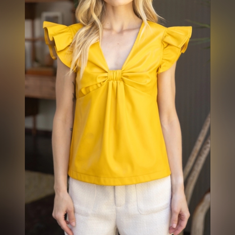 Voy Front Tie Detailed Ruffle Sleeve Faux Leather - Small - Mustard Yellow